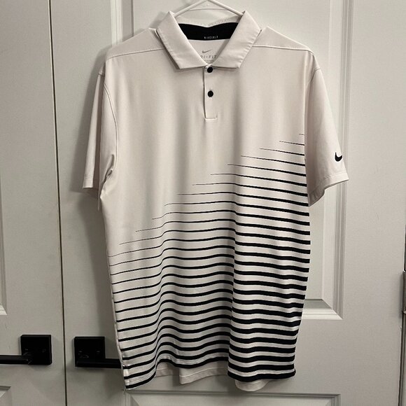 Nike Vapor Graphic Golf Polo Shirt Stripe Mens M White Black - Picture 1 of 3